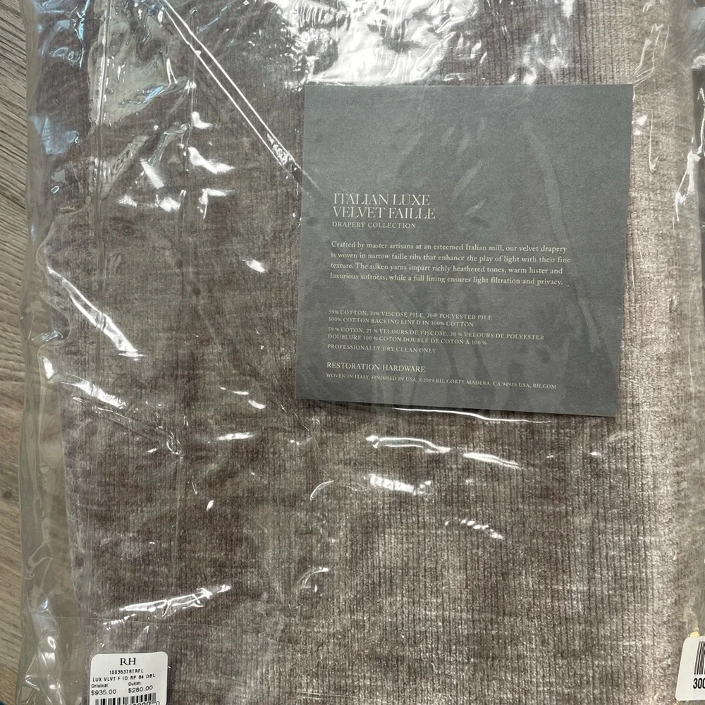 Restoration Hardware, Italian Luxe Velvet Faile Drapery, 100x84. Brand new